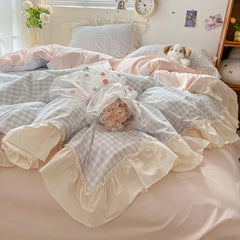 YICKYUE  -  Ins Princess Style Bedding Sets Ruffle Lace Bow Quilt Cover Romantic Bedclothes Decor Woman Girls Bedroom Duvet Cover 4pcs
