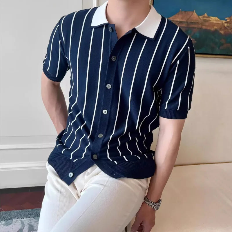 HEARUJOY  -  Men's Grey Striped Knit Polo Shirt Short Sleeve Contrast Collar Button Front Casual Slim Fit Top For Daily Wear
