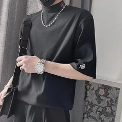 Hearujoy Half-high Collar T-shirt men 2024 New Ins Ruffian Handsome Summer Solid Color Mid-collar Five-point Short-sleeved Shirt All-matc