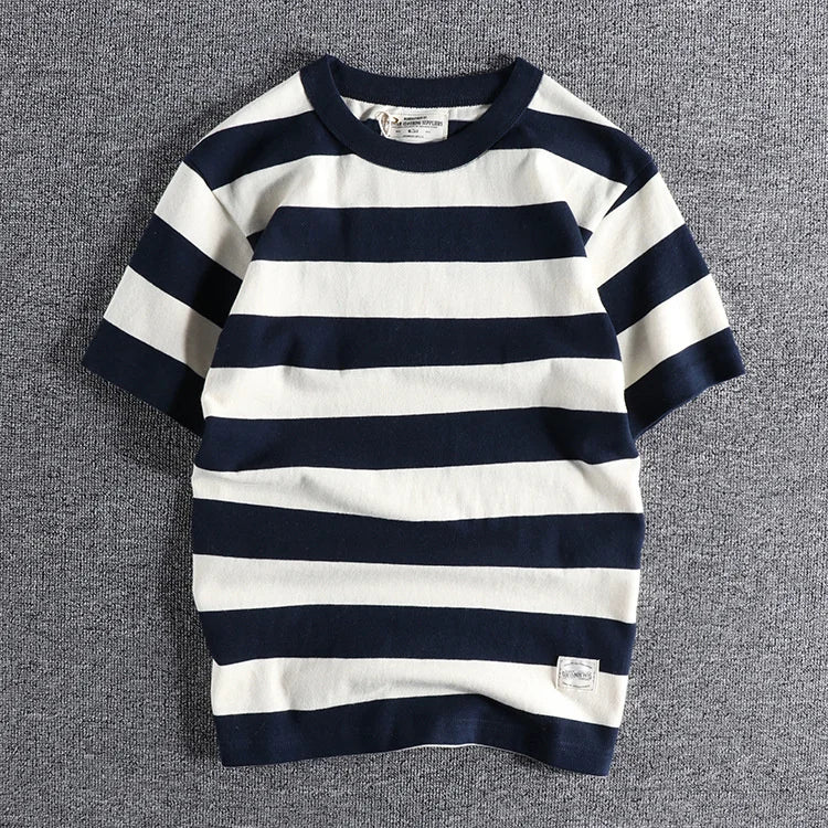 HEARUJOY  -  Summer Casual Stripe Short Sleeve T Shirt Streetwear American Styles Heavyweight Men's Cotton Loose Half Sleeve Tops Tee
