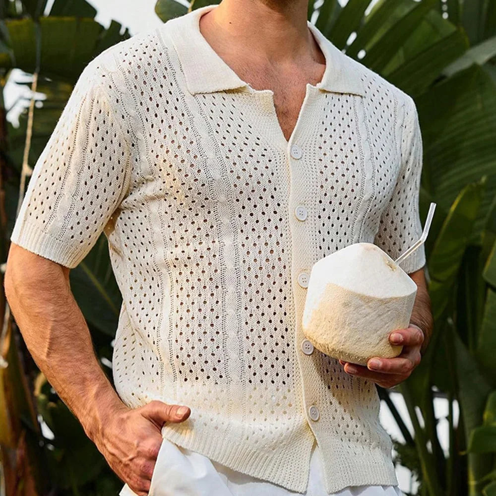 HEARUJOY  -  Summer Men's Retro Solid Color Short-Sleeved Shirt Knitted Hollow Fashion Casual Trend Loose Breathable Seaside Beach Men's Tops