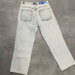 Hearujoy Hip Hop Polar Big Boy Jeans Y2K Pants Mens Gothic Cartoon Embroidery Retro Blue Baggy Jeans New High Waist Wide Leg Trouser