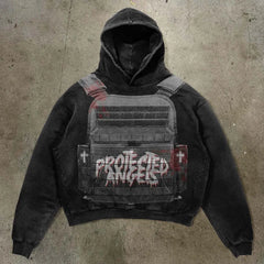 Hearujoy Body armor printed washed street hooded sweatshirt 2024 hot selling trendy retro loose fashionable sweatshirt for men and women