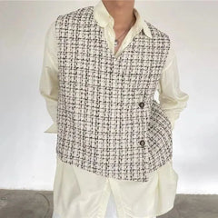 Hearujoy Mens Autumn French Style Outer Plaid Vest New Fashion Elegant Retro Casual Loose Comfortable Simple Side Placket Short Vest