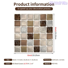 YICKYUE  -  Brown & Beige Marble Mosaic Tile Stickers, Waterproof 3D Self-Adhesive Wall Decals for Kitchen & Bathroom Backsplash, Removable