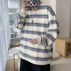 HEARUJOY  -  Handsome Trendy Rainbow Striped Long Sleeve T shirt Spring Autumn Casual Top New Men Hong Kong Style Ins Fashion