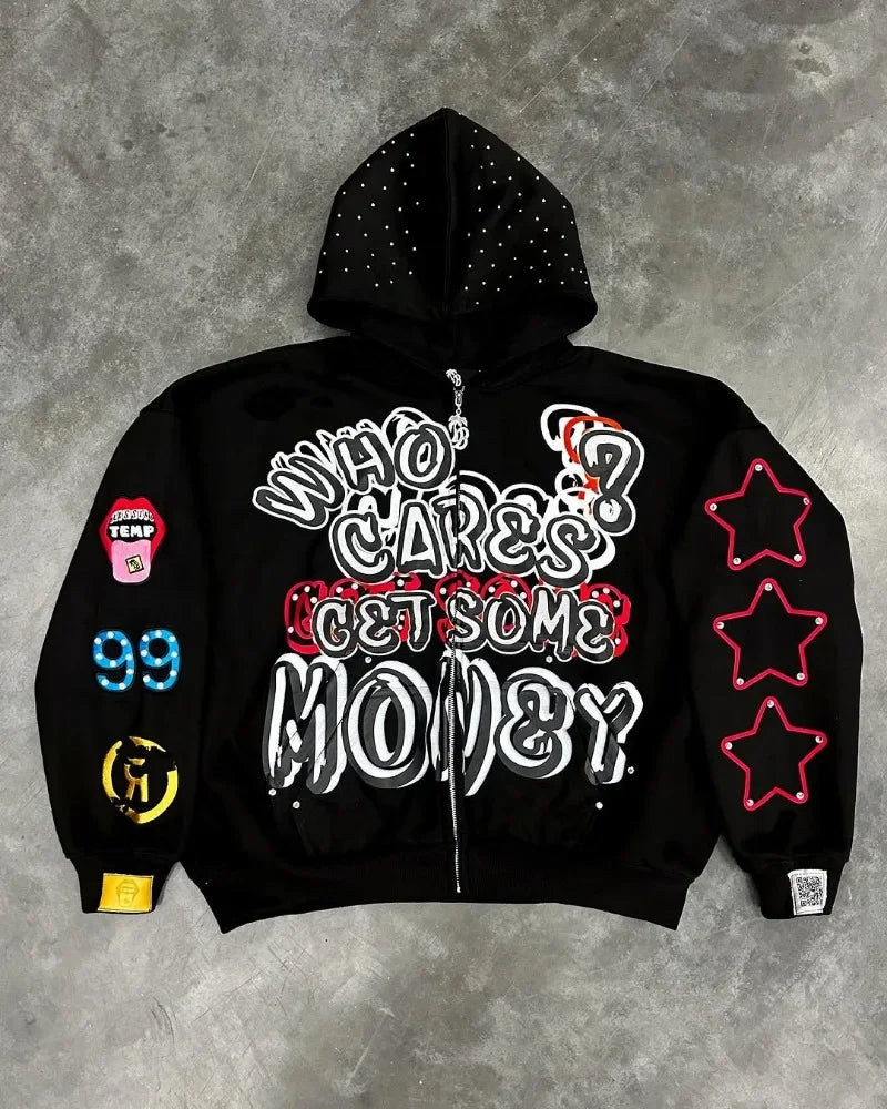 HEARUJOY  -  Y2k Retro Classic Clothing Gothpunk Hip-hop Rock Oversized Sweatshirt Men Y2k American Street Trendy Zipper Hoodie Women