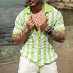 HEARUJOY  -  Spring Autumn Casual Mens Knitted Shirts Hollow Out Stripe Short Sleeve Lapel Knit Button Cardigans Men Clothes Vintage Tops