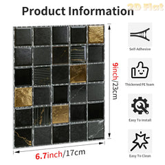 YICKYUE  -  2d Flat | 10/11/12/13 Pcs-Black & Gold Square Mosaic Peel And Stick-Self-Adhesive Wall Tiles-Independence Day/Birthday Decor