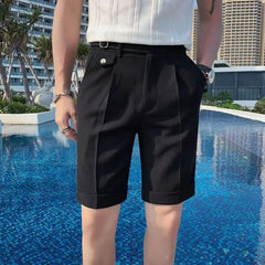 HEARUJOY  -  Fashion Summer Men British Style Naples Suit Shorts Smart Casual Paris Waist Buckle Button Knee Length Pants Shorts Streetwear