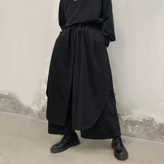 Hearujoy Mens Stacked Irregular Button Culottes Genderless 2024 New Fashion Individuality Retro Solid Color Loose Wide Leg Pants Unisex