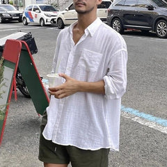 Hearujoy Mens Casual Cotton Linen See-Through Thin Long-Sleeve Shirts Genderless 2024 New Youth Simple Solid Color Comfort Shirts Unisex