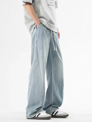 HEARUJOY  -  Summer Men's Lightweight Jeans Korean Fashion Breathable Cotton Drawstring Wide-Leg Baggy Denim Pants Straight Jean Trousers
