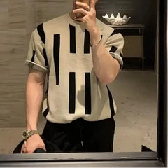 HEARUJOY  -  Men's Beige Black Geometric Striped Knit T-shirt Crew Neck Short Sleeve Casual Slim Fit Top For Daily Streetwear