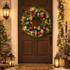 YICKYUE  -  Christmas Wreath Garland for Front Door, LED Artificial Pinecone Red Berry Ball, Wall Window Hanging Decor, Xmas Ornaments