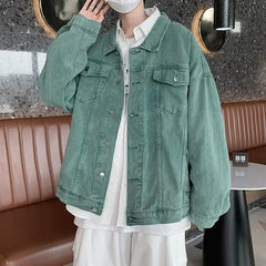 HEARUJOY  -  Lapel Design Versatile Spring Autumn Denim Jackets for Men Trendy Brands Loose Boys Couples Versatile Solid Color Jacket Tops