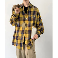 HEARUJOY  -  Autumn Long Sleeved Shirt Men Oversized Retro Casual Shirt Men Japanese Streetwear Loose Plaid Shirt Mens Vintage Shirts M-3XL