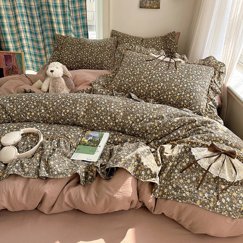YICKYUE  -  3/4Pcs Bedding Set Euro Princess Bedding Duvet Cover Cotton 100% Lace Bow Bed Linen With Ruffles Double Bed Lace Pillowcase