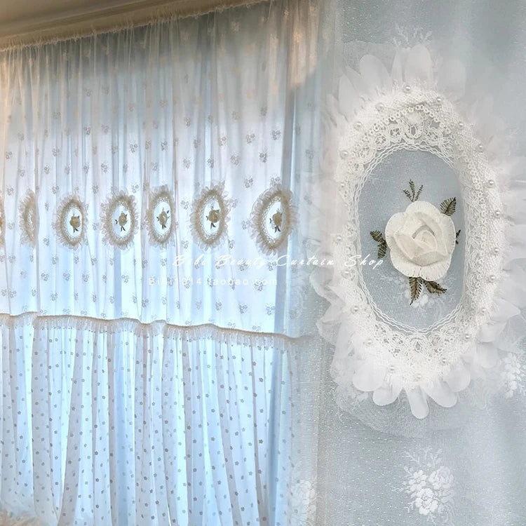 YICKYUE  -  Korean Pink Blue Background Curtain White Three-dimensional Embroidered Dreamy Princess Lace Wedding Room Customization