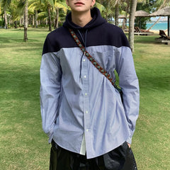 Hearujoy Spring Autumn Simple Temperament Loose Casual Fashion Oversized Versatile Striped Hooded Shirt Single-Breasted Spliced Tops