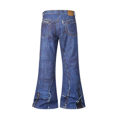 Hearujoy Butterfly Knot Rivet Print Blue Washed Baggy Flare Jeans for Men and Women Streetwear Patchwork Loose Denim Trousers