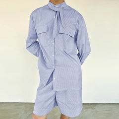HEARUJOY  -  Men Sets Plaid Stand Collar Long Sleeve Shirt & Shorts Two Pieces Sets Streetwear Fashion Men's Casual Suits S-5XL