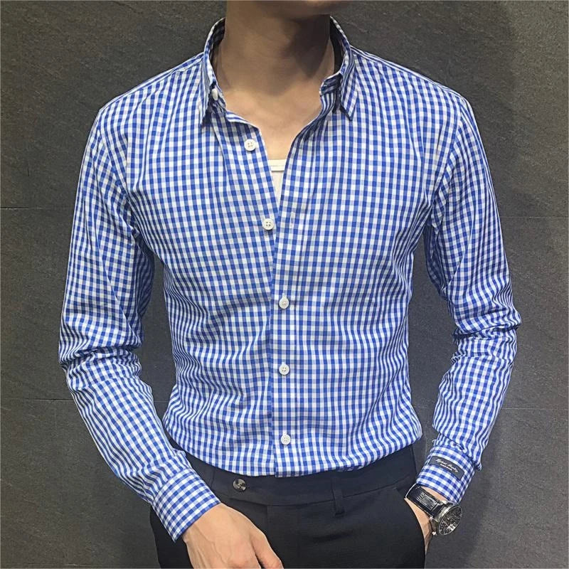 HEARUJOY  -  Men's Black White Small Checkered Long Sleeve Shirt Slimming Versatile Slim Fit All Season Spring Top