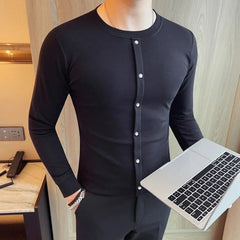 HEARUJOY  -  Men's New Fashion Minimalist Slim Fit Crew Neck T-shirt Unique Button Panel Design Stylish Basic Layering Top