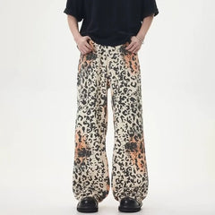 HEARUJOY  -  High Street Retro Jeans Mens Washed Old Leopard Print Full Print Cowboy Trousers Hip Hop Straight Wide Leg Denim Overalls Summer