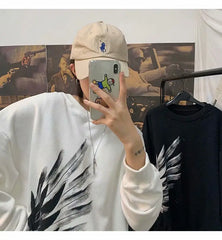 HEARUJOY  -  Dark Feather Wings Printed Round Neck Sweater Men's Fall Plus Size Plus Size Loose Pullover Versatile Top