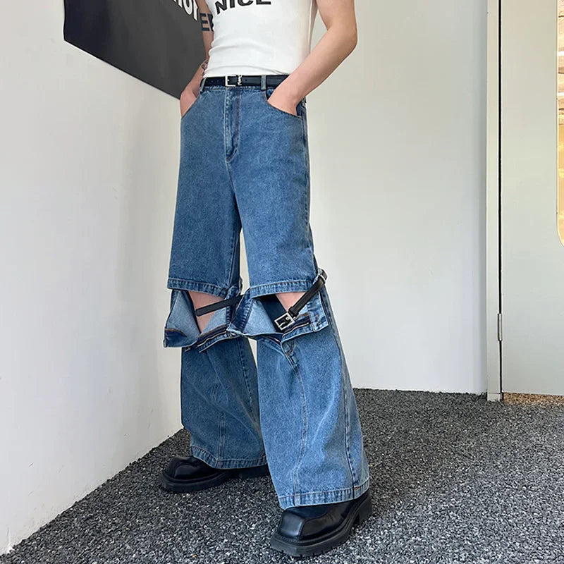 Hearujoy Belt Male Jeans Personalized Buckle Design  Patchwork Washed Solid Color Men's Denim Pants Spring Stylish 9A8918