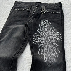Hearujoy Y2K Black Washed Denim Pants Vintage Cross Leather Detail Micro Flared Jeans Punk High Street Western Cowboy Unisex Streetwear