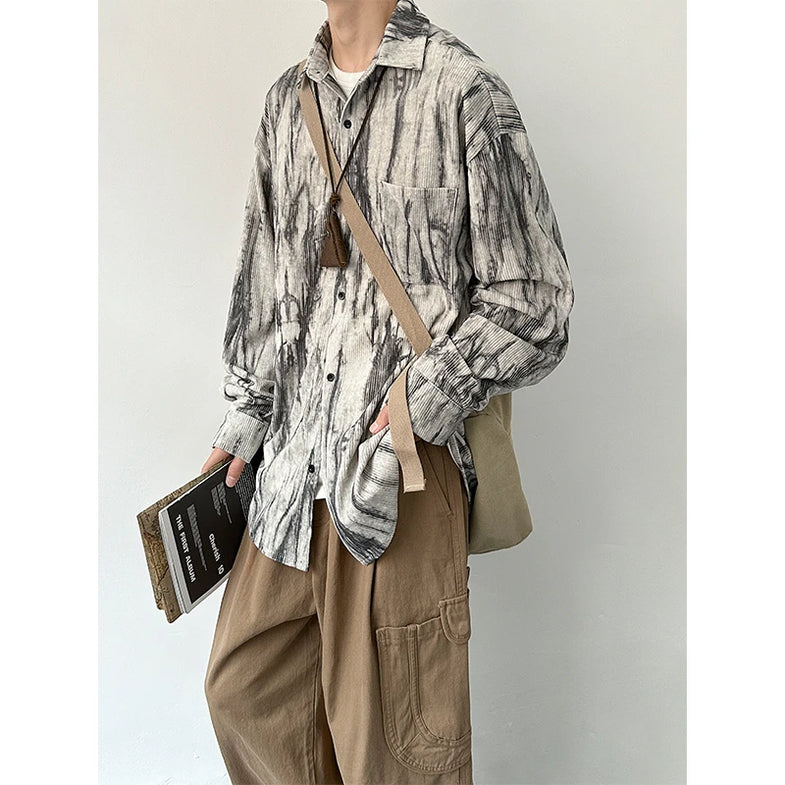Hearujoy Autumn Corduroy Shirt Men Fashion Retro Tie Dye Shirt Men Streetwear Korean Loose Casual Shirt Mens Vintage Striped Shirts