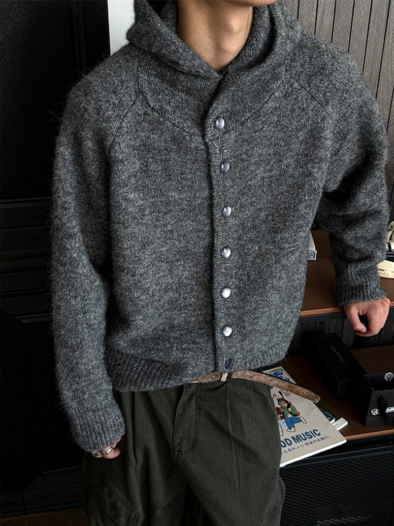 YICKYUE  -  Vintage Knit Hooded Cardigan Mens Fall Long Sleeve Hoodie Tops Simple High-end Winter Warm Knitwear Lazy Wind Sweater Streetwear