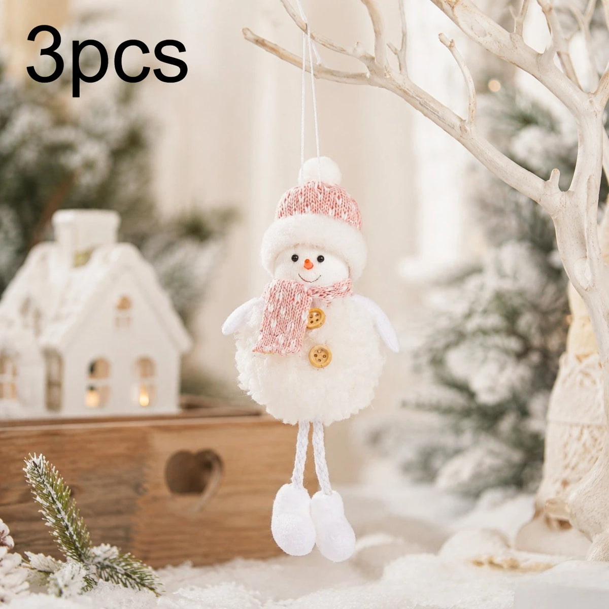 YICKYUE  -  3pcs Snowman Christmas Hanging Ornament, Gray and Pink Hat Scarf Snowman Pendant with Buttons and Dangling Legs,Room Decoration