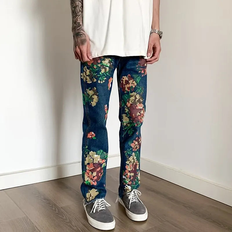 HEARUJOY  -  Y2K Fashion Flowers Print Slim Hip Hop Jeans Pants For Men Clothing Skateboard Streetwear New Rock Denim Trousers