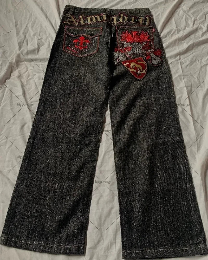 Hearujoy Y2k fully embroidered patchwork fashion brand heavy industry jeans high street American hip-hop fashion retro straight trousers
