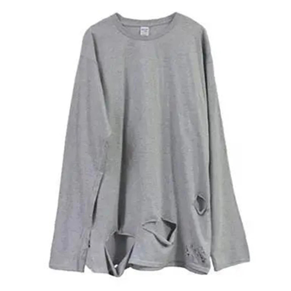 Hearujoy Spring Autumn Fashion High Street Trendy Hip-Hop Ripped Solid Color Bottoming Shirt Retro Distressed Loose Long-Sleeved Top