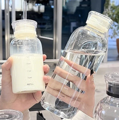 YICKYUE  -  300/500/750ml Large Glass Water Bottle with Straw 2 Lids Clear Kawaii Drinking Bottle Leakproof Iced Coffee Cup for Woman Girl