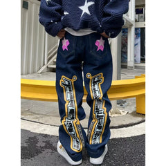 Hearujoy Y2k letter star print jeans women's original atmosphere American style zipper high waist hip-hop loose retro straight-leg pants