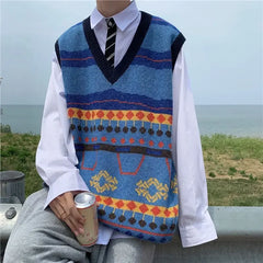 HEARUJOY  -  Sweater Man Casual Waistcoat V Neck Printed Knit Vests for Men Designer Cheap Korean Fashion Smooth Reviews Clothes Top Harajuku