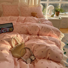 YICKYUE  -  3/4Pcs Bedding Set Korean Princess 100% Cotton Pink Bed Sheet Ruffle Couple Quilt Duvet Cover Beddings Sets Full For Home