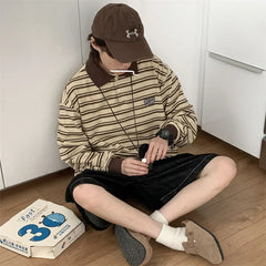 Hearujoy Striped Long-Sleeved Shirt New Spring Autumn Vintage Blouse Student Korean Preppy Sweatshirt Men Women Lapel Shirt