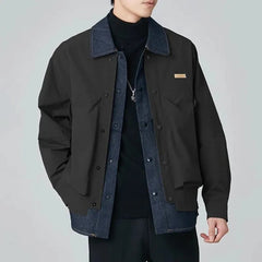 Hearujoy Mens High-Grade Denim Patchwork Jacket Coat Spring And Autumn New Fashion Trend Loose Lapel Fake Two-Piece Workwear Tops Men