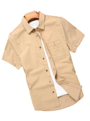 YICKYUE  -  Men's summer khaki denim short - sleeved shirt. Suitable for various occasions such as daily leisure and outdoor activities.