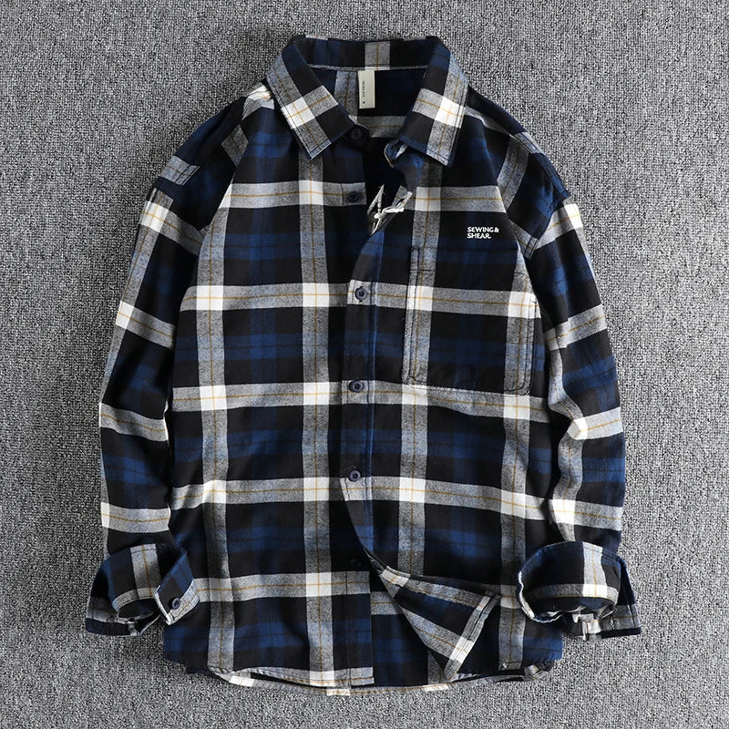 HEARUJOY  -  American Men's Plaid Long Sleeved Shirt With Embroidered Pattern Trendy Versatile Youth Chest Pocket Workwear Shirt Jacket