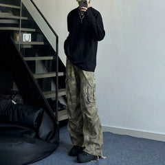 Hearujoy Mens Y2k American Retro Pocket Camouflage Straight Pants Genderless Trendy Hip-Hop Workwear Style Loose Wide-Leg Pants Unisex