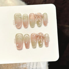 YICKYUE  -  10pcs Handmade 3D Ribbon Bow Press on Nails Gradient Pink Green Fake Nails with Pearl Decor Detachable Cat's Eye False Nails Tip