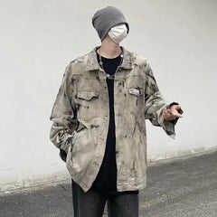 Hearujoy Men Gray Tie-dye Denim Jackets Coats Loose Vintage Jeans Jackets New Autumn Hip Hop Denim Coats Outwear Casual Jeans Coats