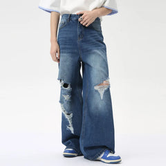 Hearujoy Personality Male Straight Jeans Hole Worn-out Loose Wide Leg Denim Pants Washed Casual Men's Trousers Summer 9C6281
